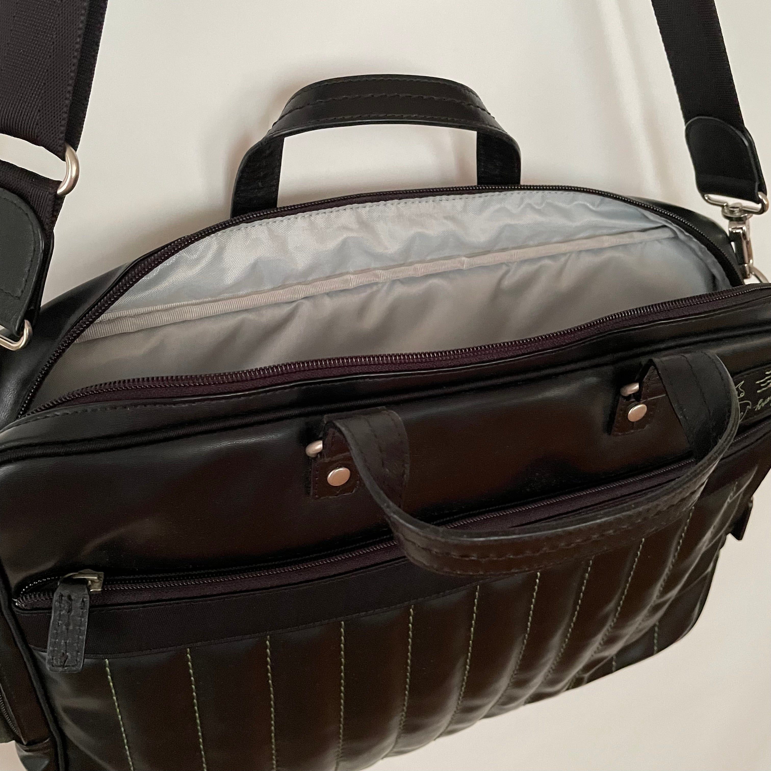 Premium Collection | Vegan Leather x Nylon x Leather Handles Briefcase with Stripe Stitch Accents | Black x Green